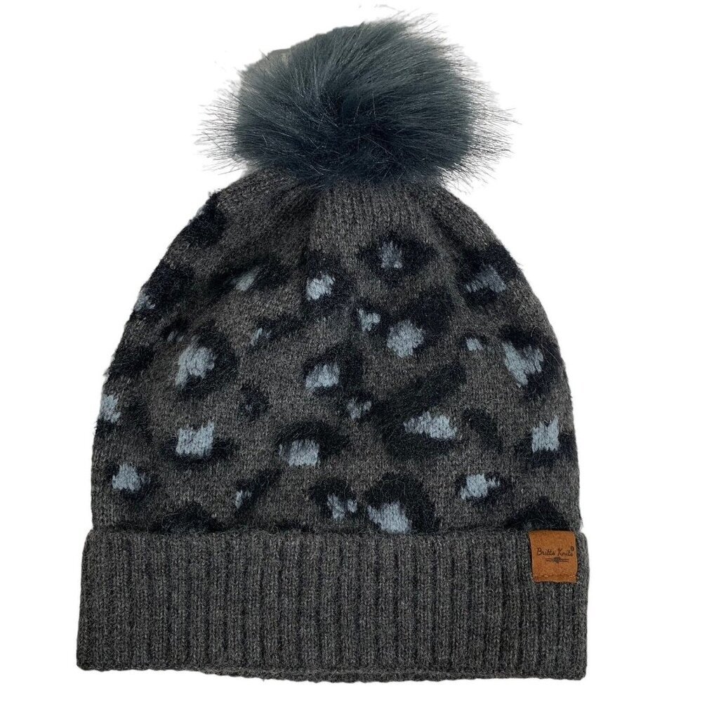 Britts Knits Hat Snow Leopard Pom Hat Blue Gray Super Soft Beanie